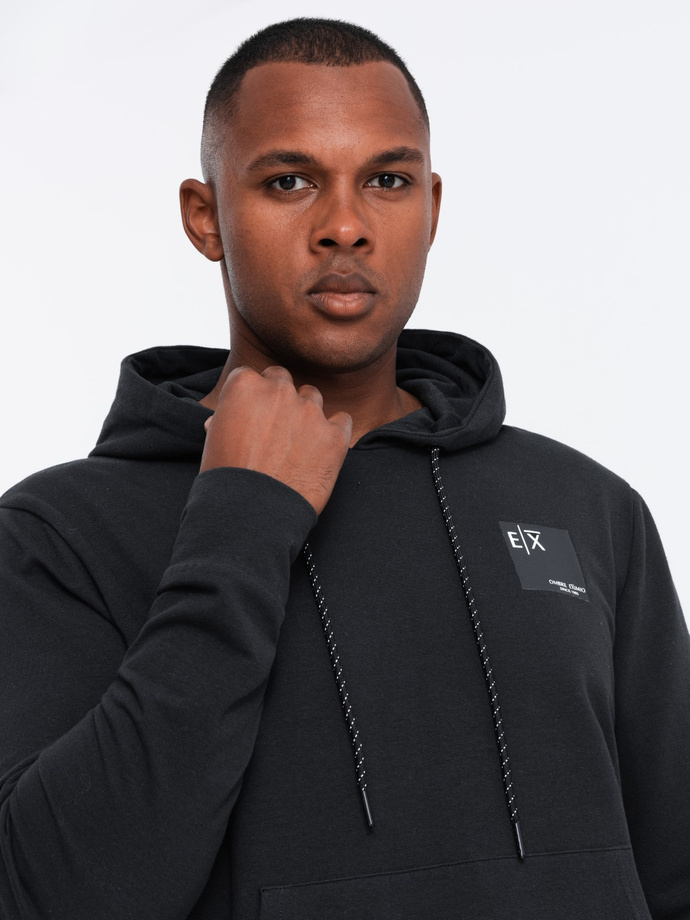 Men's hooded kangaroo sweatshirt with logo - black V1 OM-SSNZ-0162
