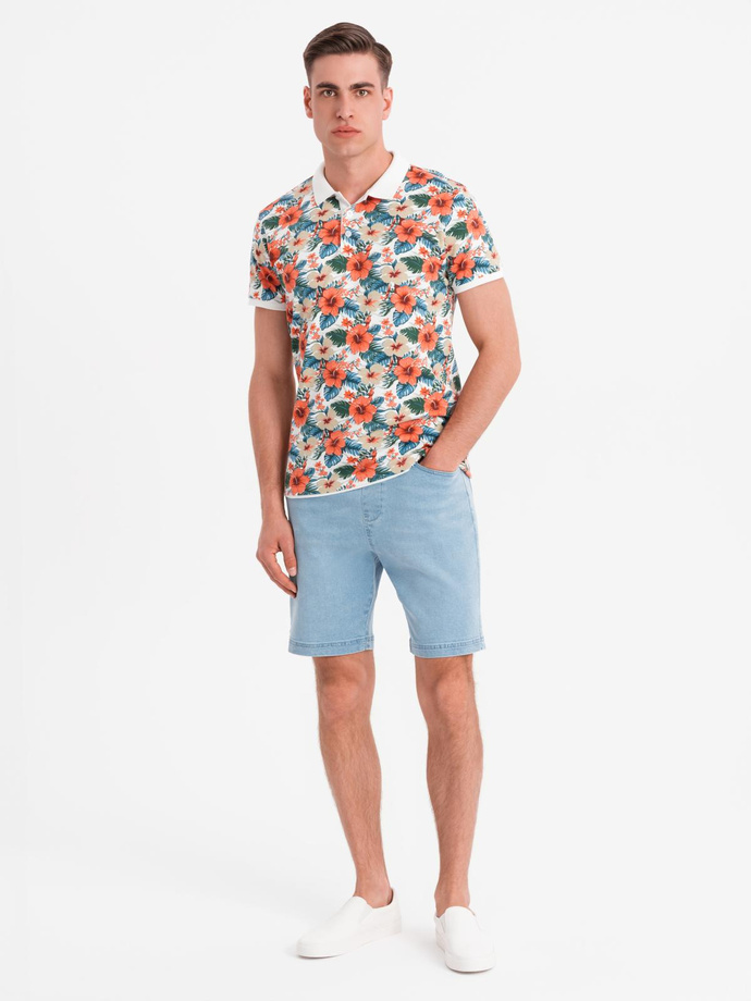 Men's shorts with elastic waistband and wash effect - light blue V1 OM-SRDS-0192