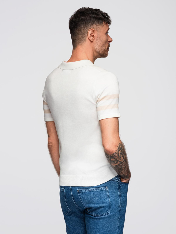 Men's soft knit polo shirt with contrasting stripes - cream V3 OM-POSS-0118
