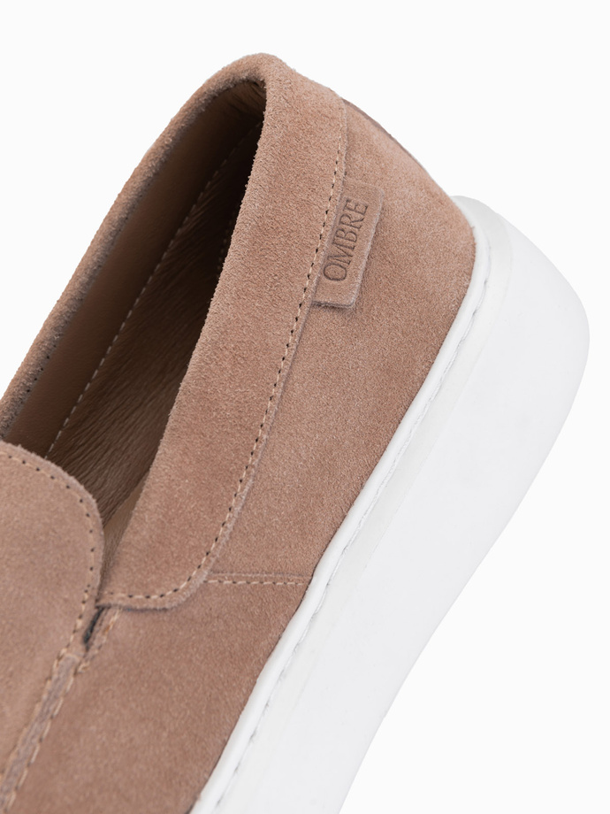 Zamszowe męskie półbuty slip on na grubej podeszwie – jasnobrązowe V3 OM-FOCS-0152