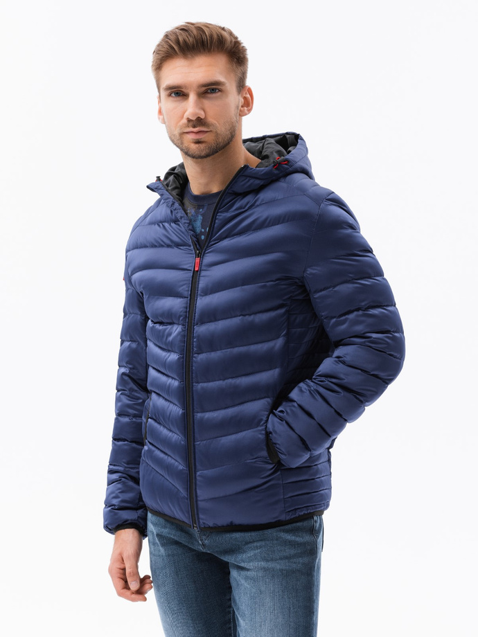 Men's quilted jacket with satin finish - dark blue V11 OM-JALP-0121