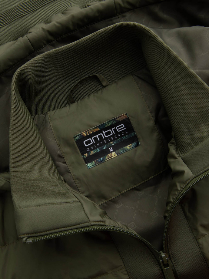 Men's quilted bomber jacket with high collar - dark olive green V3 OM-JALP-0140