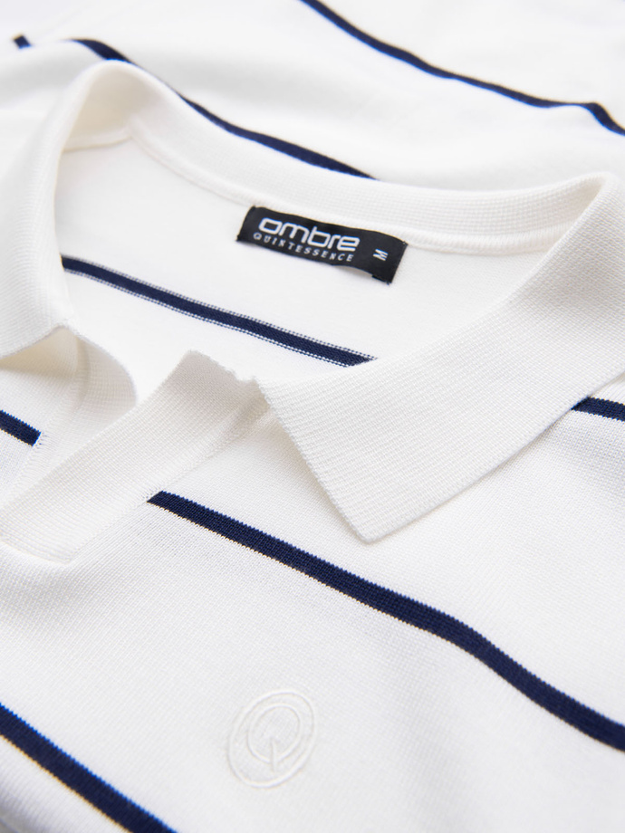 Men's horizontal striped viscose polo shirt - white and navy V2 OM-POSS-0145