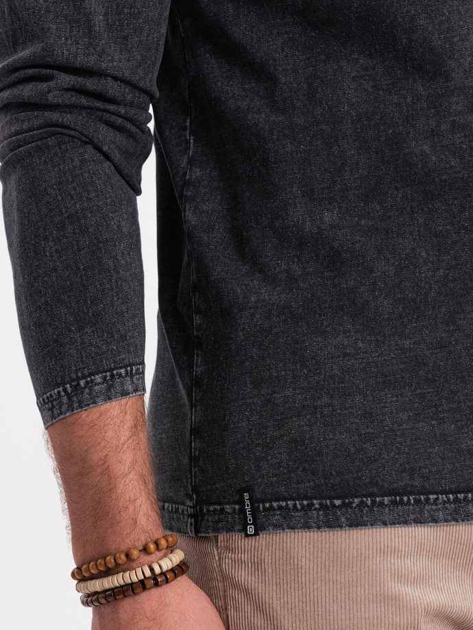 Longsleeve męski washowany henley z raglanowymi rękawami - czarny V1 OM-LSWL-22FW-001