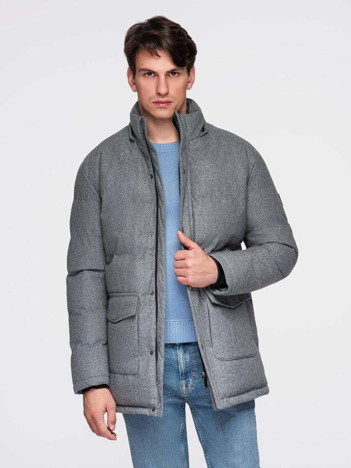 Warm long men's parka jacket with wool - grey melange V1 OM-JALJ-0217