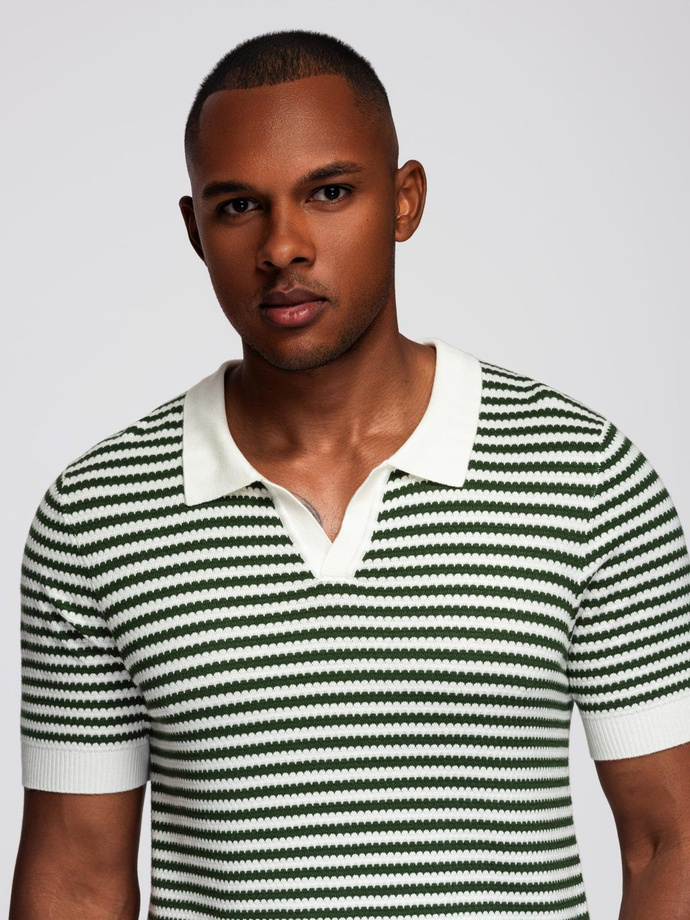 Men's knitted buttonless polo shirt with navy stripes - white and olive V3 OM-POSS-0161