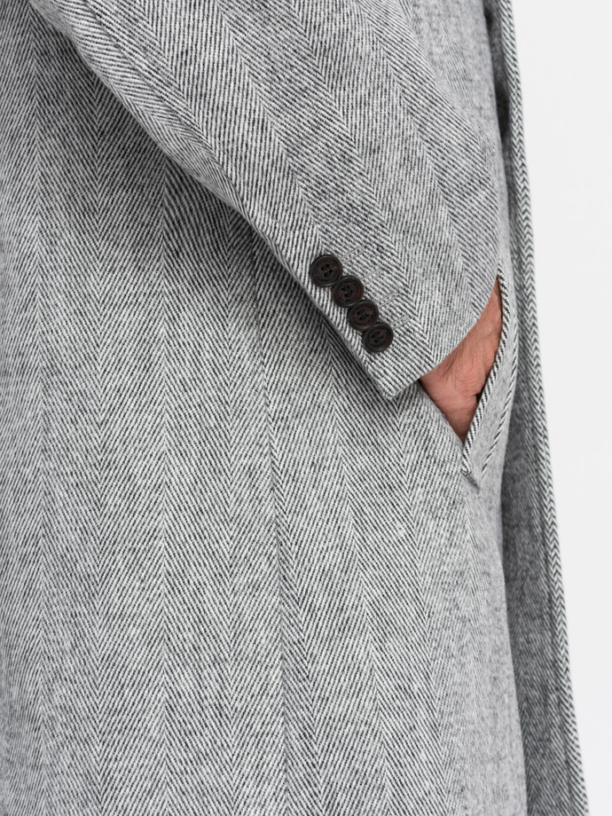 Elegant double-breasted men's herringbone coat - grey V1 OM-COWC-0118