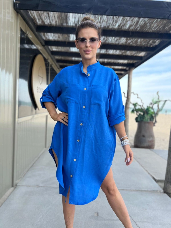 Linen, shirt dress with stand-up collar - DLR112 blue