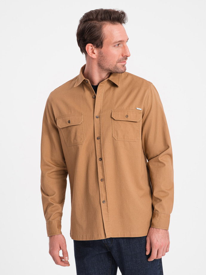 Men's REGULAR FIT cotton shirt with buttoned pockets - camel V2 OM-SHCS-0146