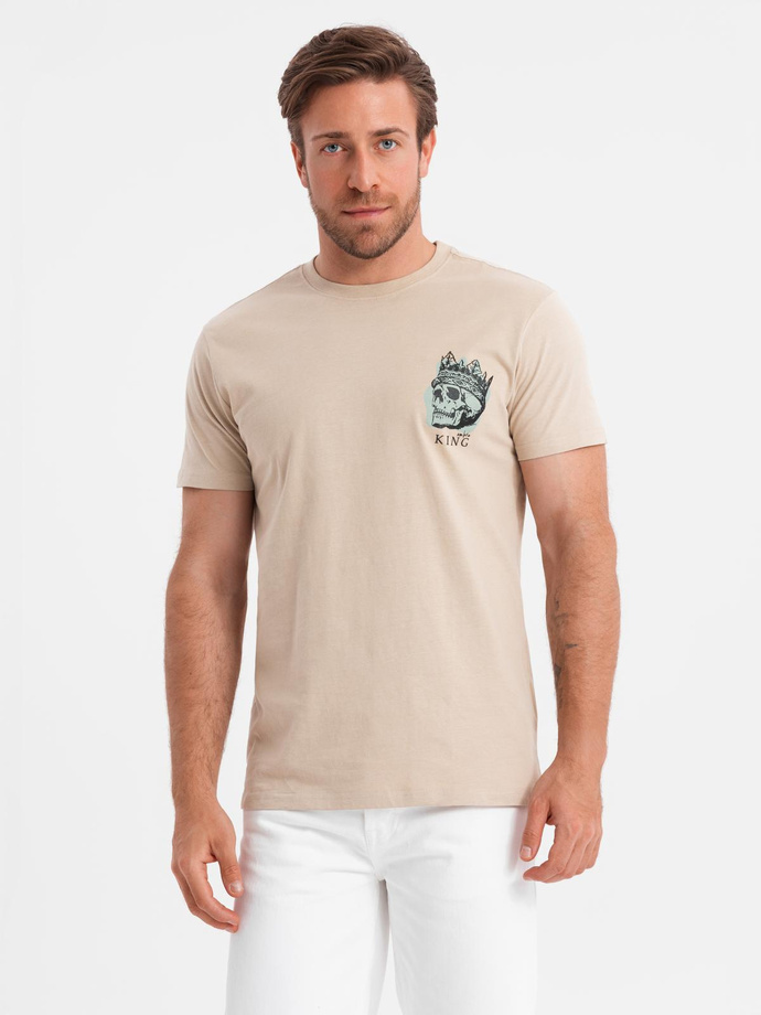 T-shirt męski bawełniany z nadrukiem na klatce piersiowej - beżowy V1 OM-TSPT-0167