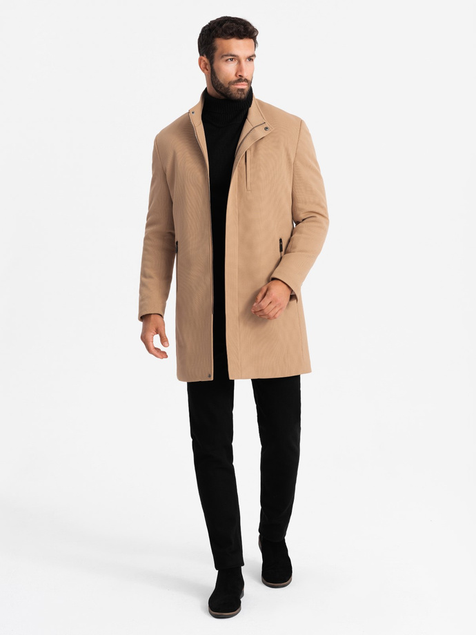 Structured fitted coat for men with high collar - light brown V4 OM-COWC-0117