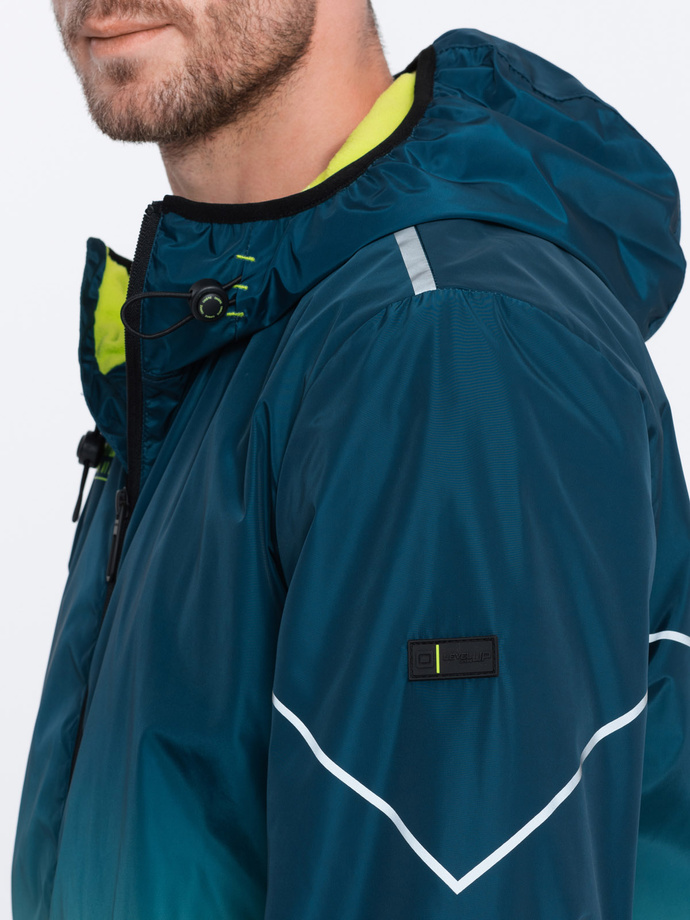 Sportowa kurtka męska ombre z odblaskami i polarową podszewką – turkusowo-limonkowa V1 OM-JANP-0105