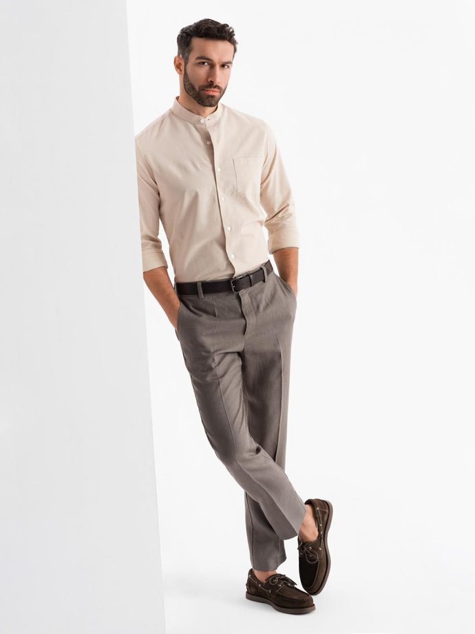 Men's linen shirt with collar and pocket REGULAR FIT - cream V3 OM-SHCS-0161