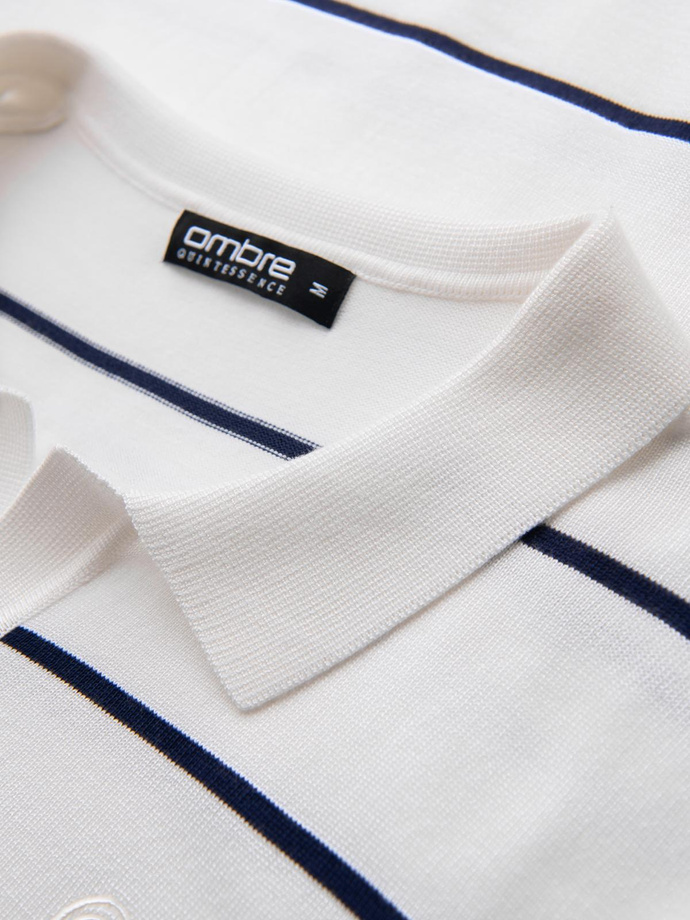 Męski longsleeve polo w poziome paski z wiskozą – biało-granatowy V2 OM-POLS-0146