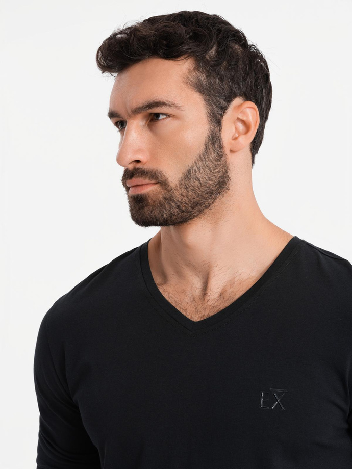 men's V-neck SLIM FIT ongsleeve with elastane and print - black V1 OM-LSBC-0123