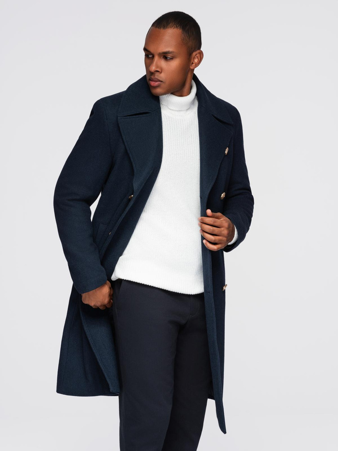 Men's navy double-breasted wool coat - navy blue V1 OM-COWC-0134