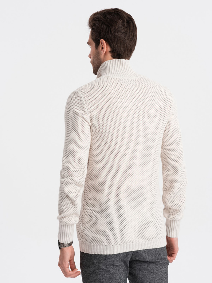Men's knitted sweater with spread collar - cream V1 OM-SWZS-0105
