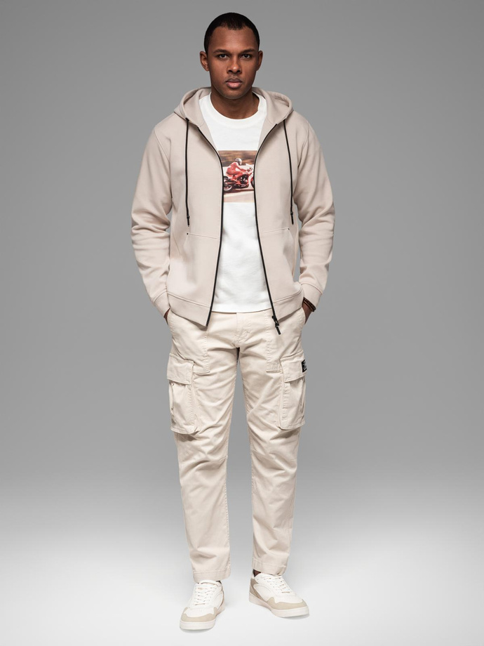 Dresowa rozpinana bluza hoodie w stylu streetwearowym – piaskowa V6 OM-SSZP-0213
