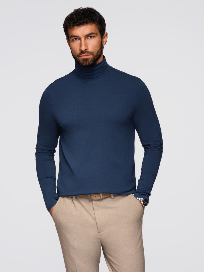 Męski longsleeve gładki z golfem - granatowy V2 OM-LSCL-0130