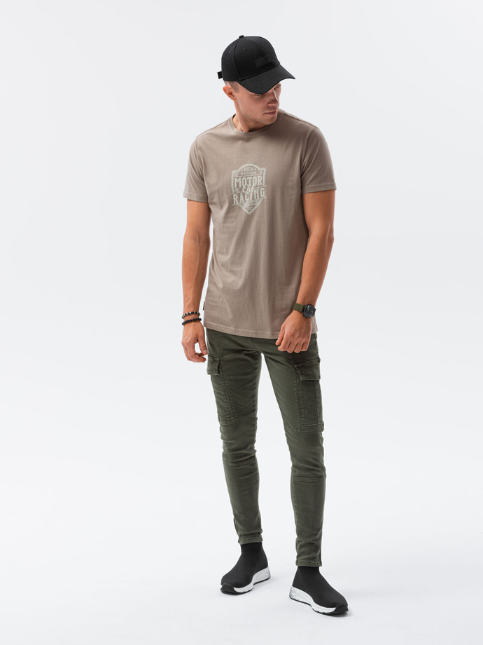 T-shirt męski z nadrukiem - brązowy V-25C S1434