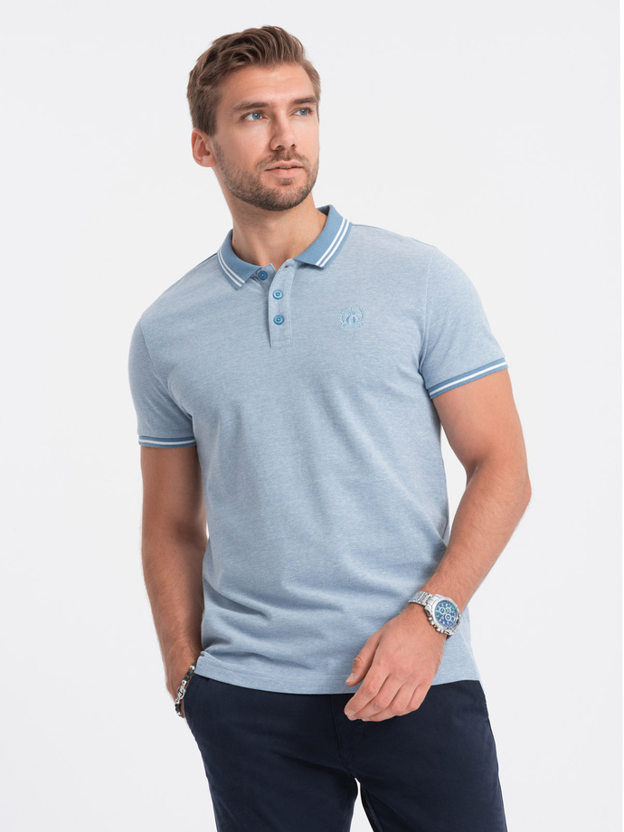 Men's melange polo shirt with contrast collar - blue V3 S1618