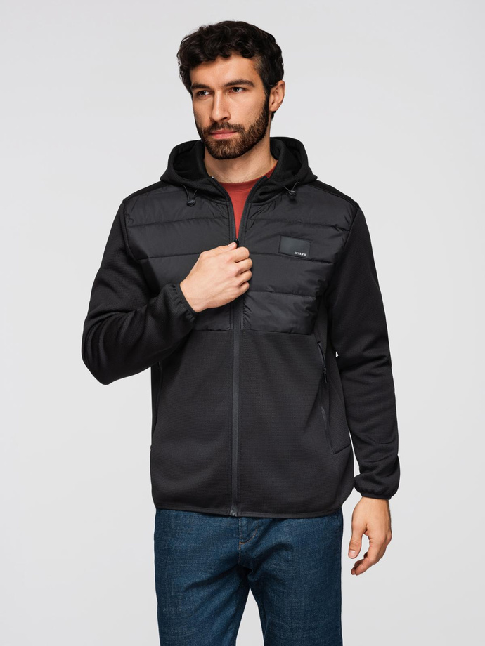 Men's lightweight jacket of combined materials with hood and decorative quilting - black V5 OM-JANP-0160 