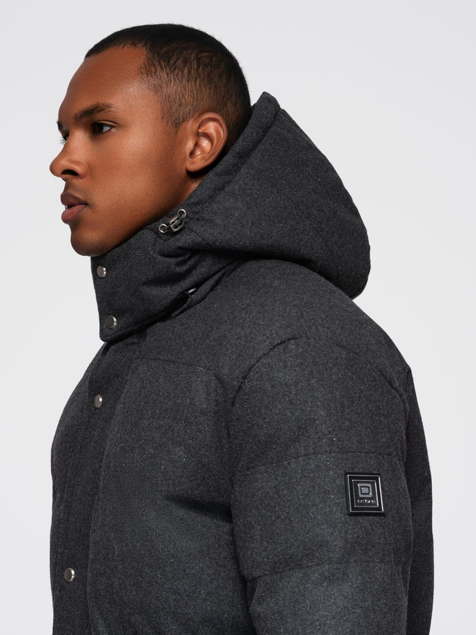 Men's long warm parka jacket with wool - black melange V2 OM-JALJ-0217
