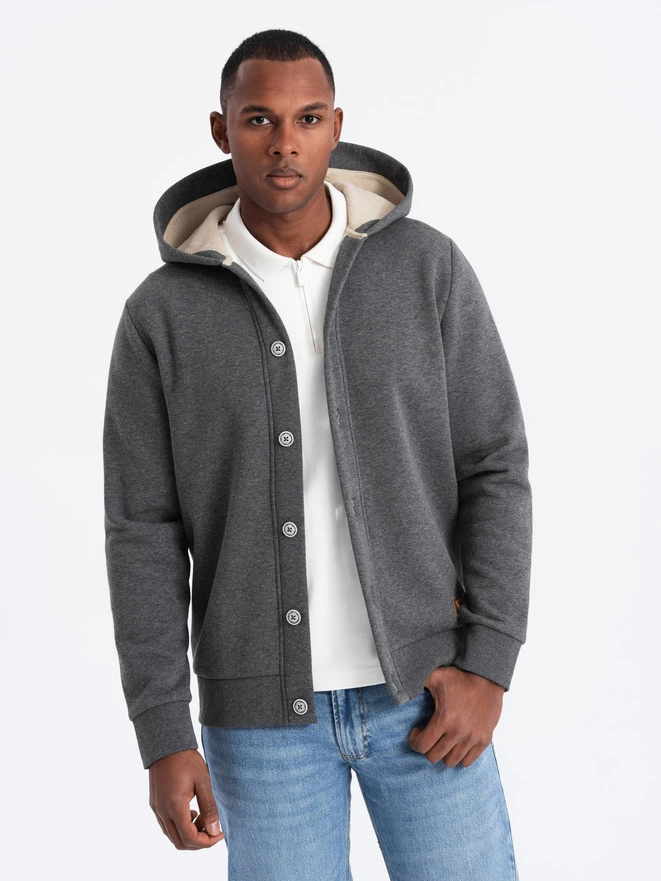 Men's button-down hooded sweatshirt - graphite melange V4 OM-SSZP-0186