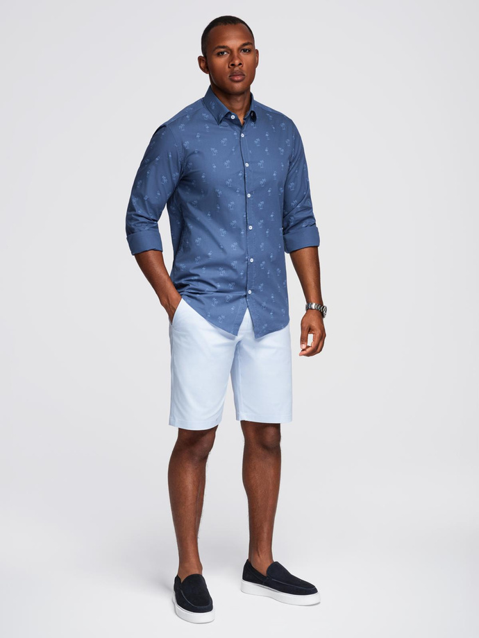 Klasyczna męska bawełniana koszula SLIM FIT w palmy - ciemnoniebieska V5 OM-SHCS-0156