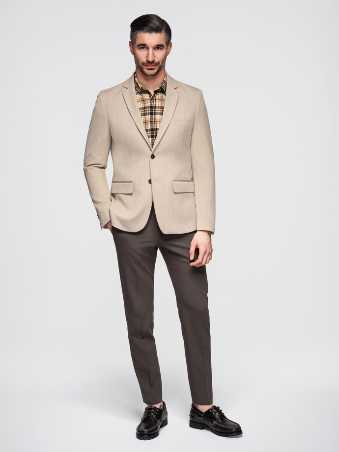 Elegancka męska marynarka SLIM FIT z rayonem – beżowa V2 OM-BLZB-0135