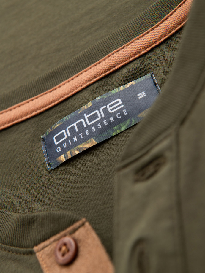 Men's T-shirt with button neckline and suede trim - dark olive V5 OM-TSCT-0206