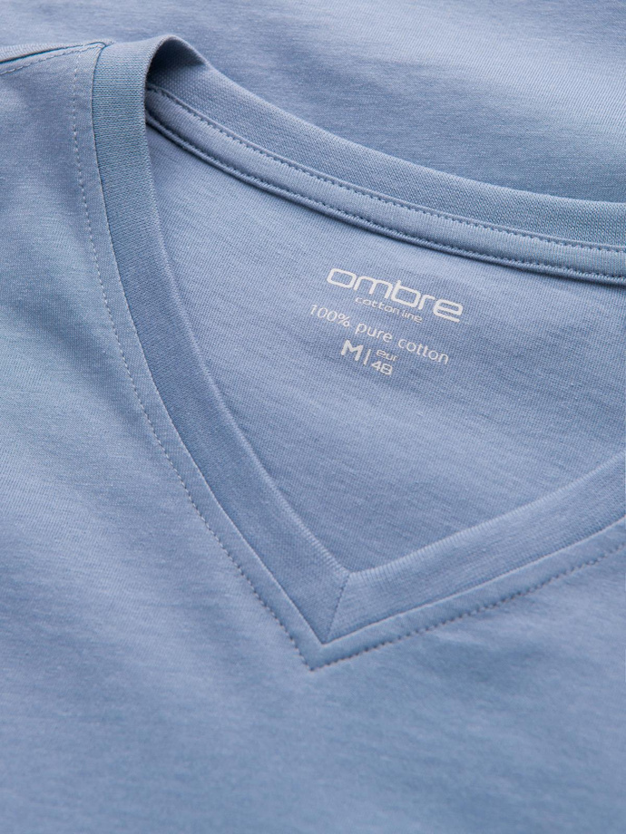 Męski longsleeve bez nadruku z dekoltem w serek - niebieski denim V9 OM-LSBL-0108