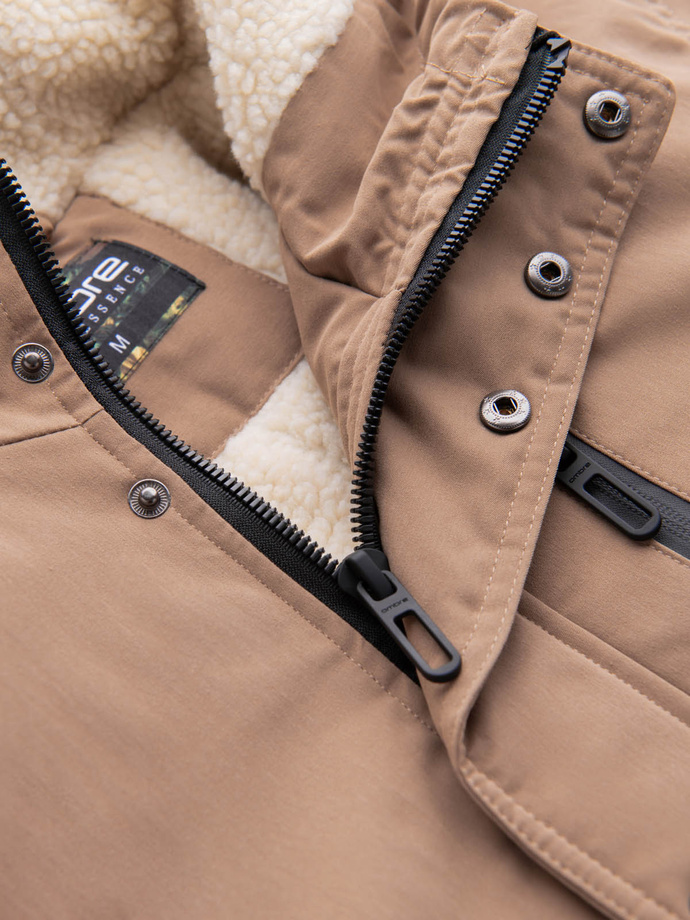 Męska długa kurtka parka z kożuszkiem – beżowa V1 OM-JALJ-0181