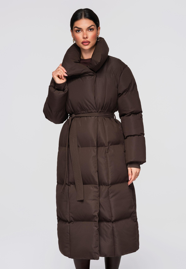 Women's quilted long jacket with belt OW-JALJ-0104 v3 - brown