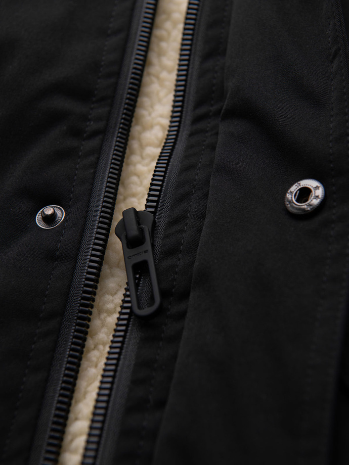 Men's long parka jacket with sheepskin - black V4 OM-JAPJ-0316