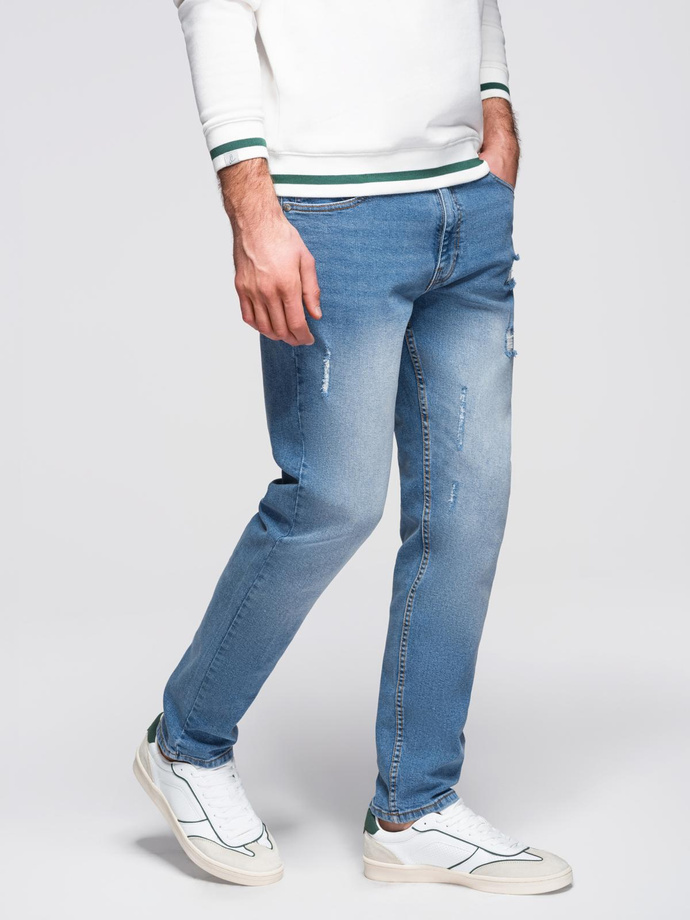 Men's REGULAR FIT denim pants with rubbing - light blue V1 OM-PADP-0254