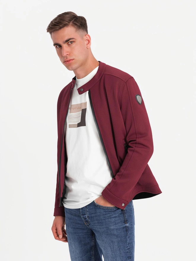 Men's structured fabric biker jacket - maroon V2 C642