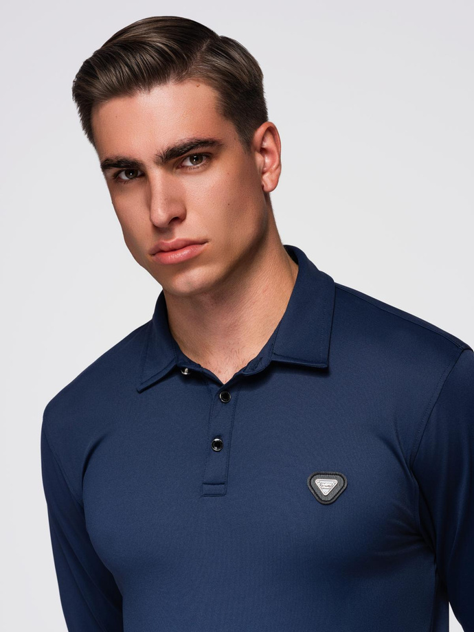 Polo long sleeve shirt with elegant branded buttons - navy blue V3 OM-POLS-0139