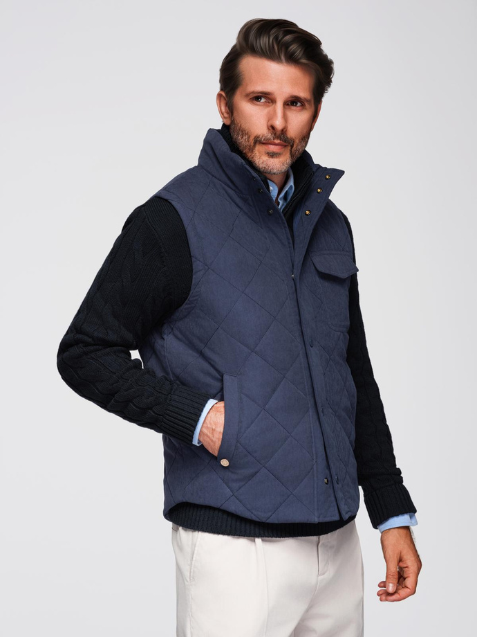 Men's peach effect quilted sleeveless jacket - navy blue V2 OM-JAVJ-0277