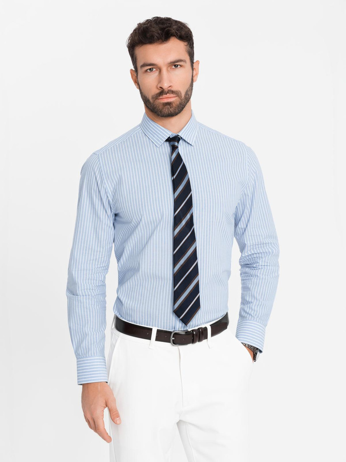 Men's REGULAR FIT cotton shirt with vertical stripes - blue and white OM-SHOS-0155