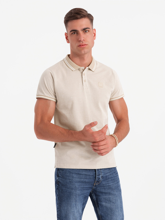 Men's melange polo shirt with striped collar - sand V4 OM-POSS-0109