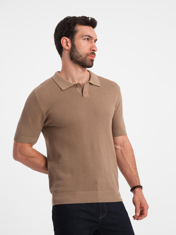 Men's cotton structured knit polo shirt - light brown V3 OM-POSS-0117