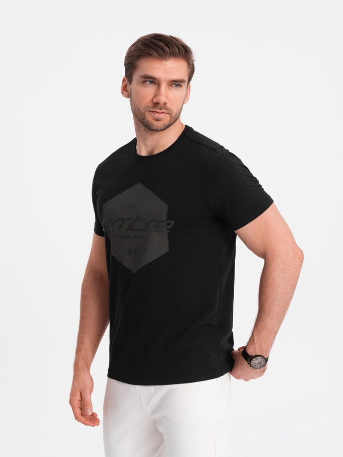 Męski t-shirt bawełniany z nadrukiem geometrycznym i logotypem - czarny V2 OM-TSPT-0141