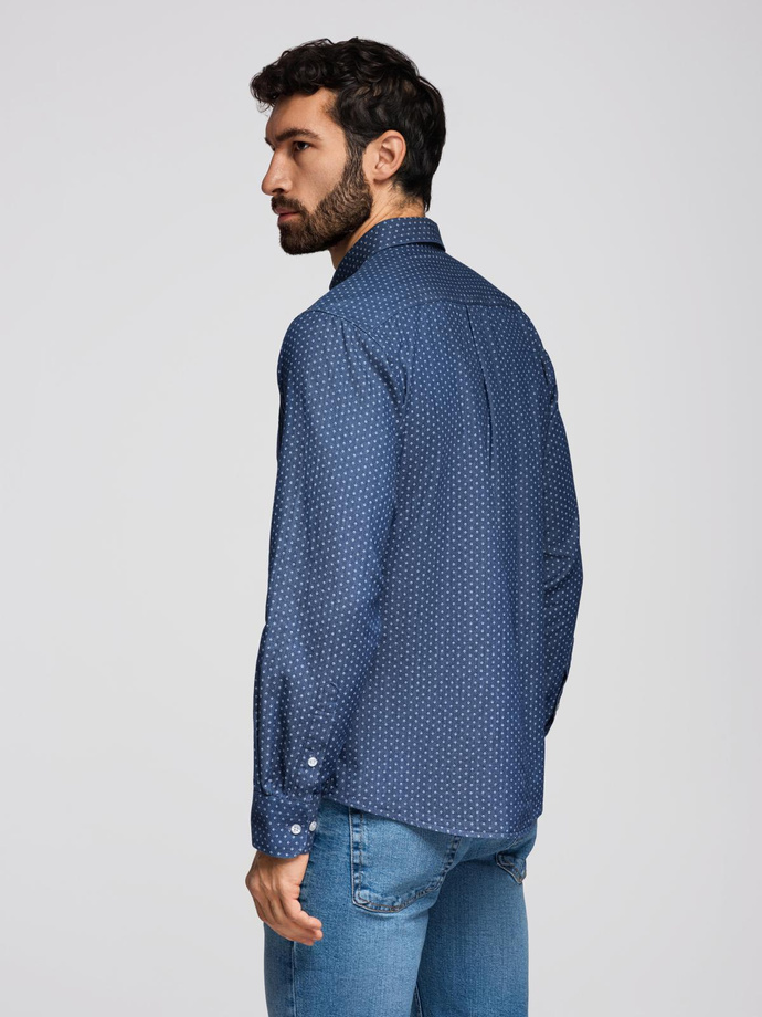 Wzorzysta męska koszula z cienkiego jeansu z kieszonką – niebieska V2 OM-SHDS-0179