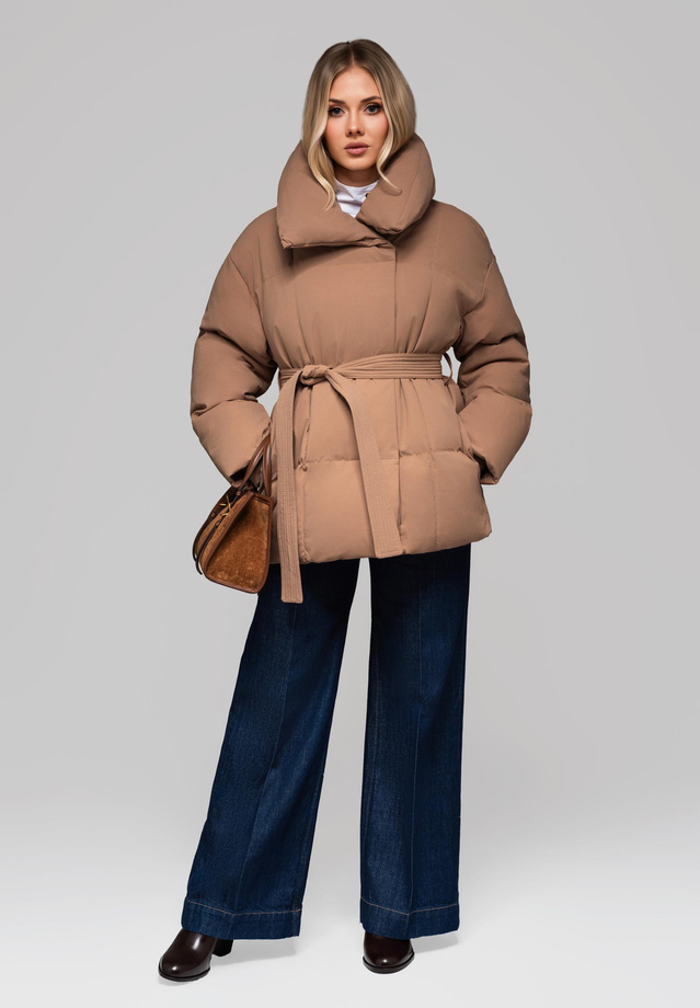 Women's quilted jacket with belt and collar OW-JAHP-0106 v3 - brown