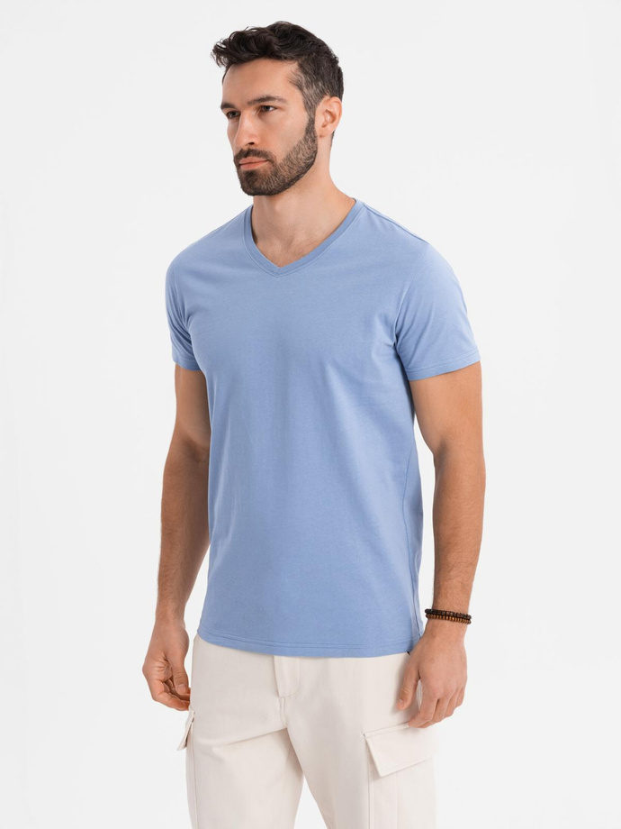 BASIC men's classic cotton T-shirt with a serape neckline - blue V20 OM-TSBS-0237