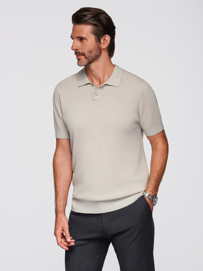 Men's cotton structured knit polo shirt - beige V6 OM-POSS-0117