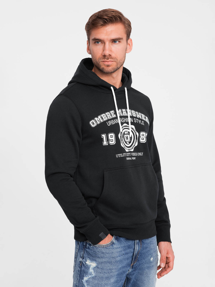 Men's kangaroo hoodie with college style print - black V3 OM-SSPS-0143