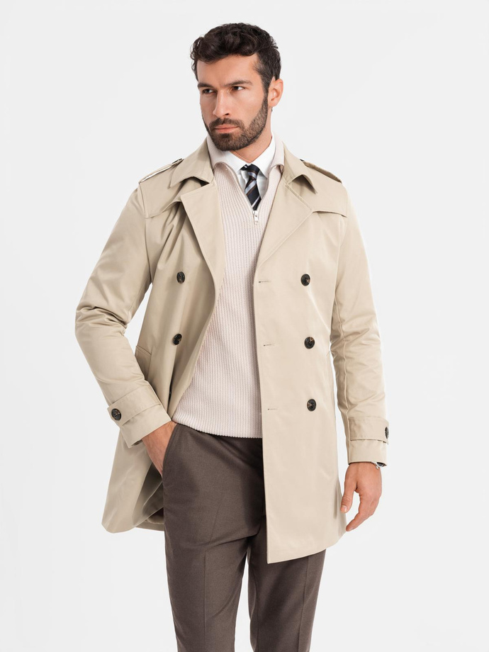 Elegancki męski płaszcz trencz SLIM FIT z paskiem – beżowy V1 OM-COSC-0126