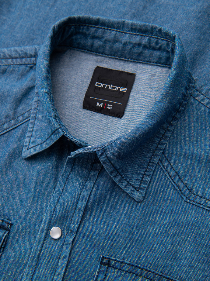 Męska koszula jeansowa na zatrzaski z kieszonkami - niebieska V2 OM-SHDS-0210